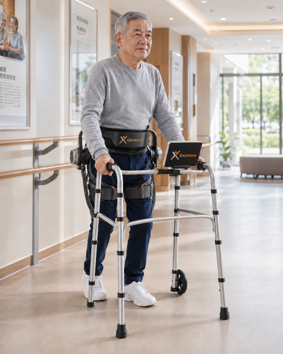 Older adult wearing Exomove Freedom in a care facility corridor