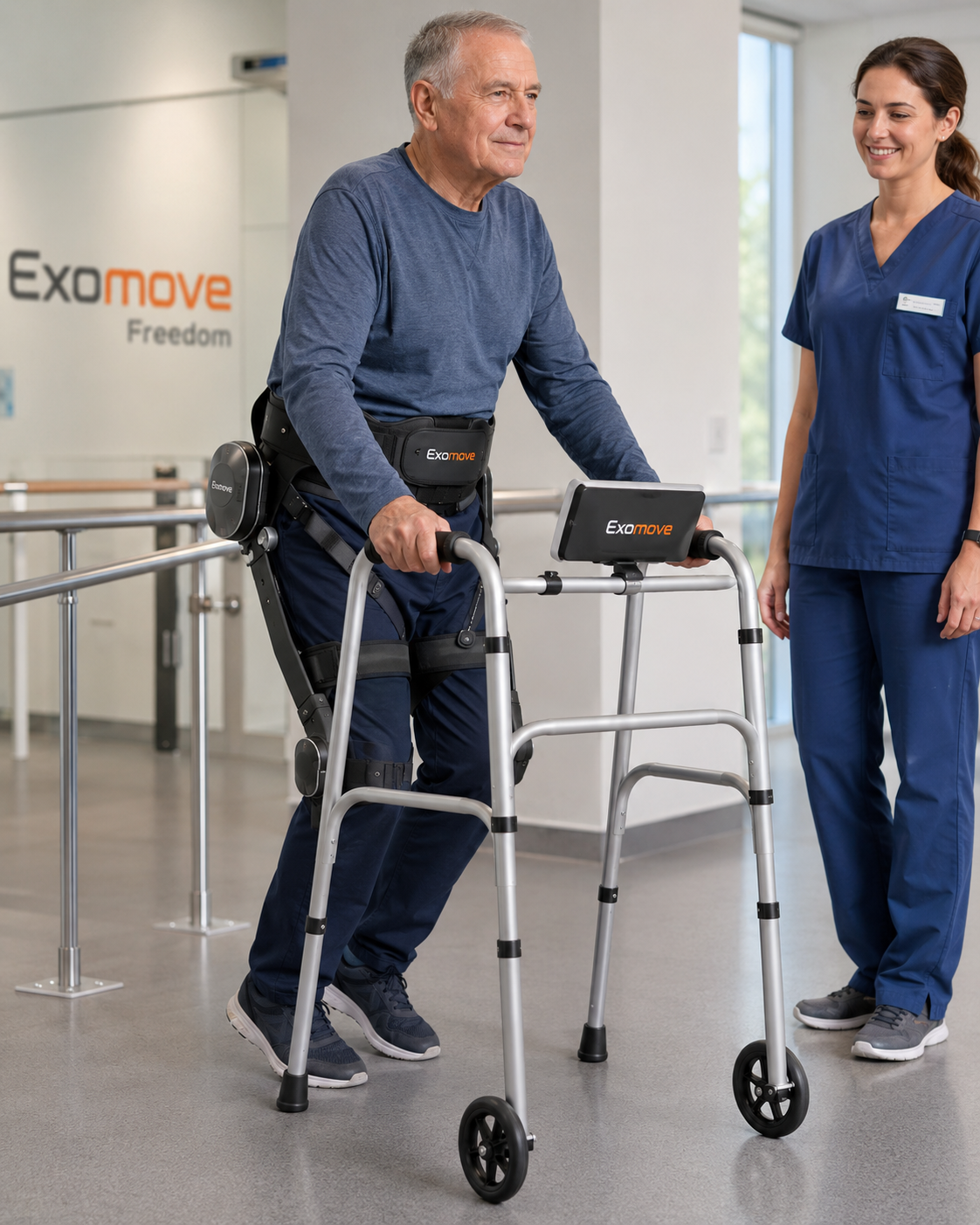 Older adult using Exomove Freedom in a clinical walking setting