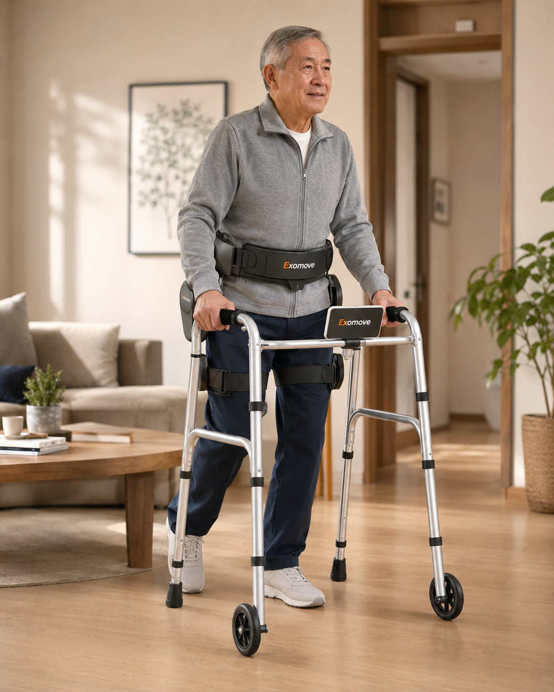 Older adult using Exomove Freedom with a walker at home