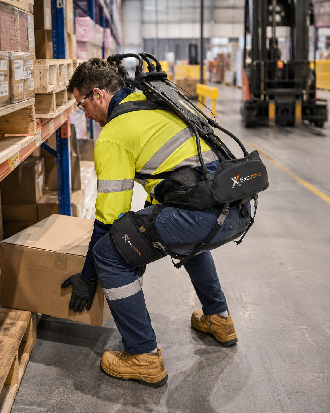 Warehouse worker wearing Exomove Lift Pro while lifting a box