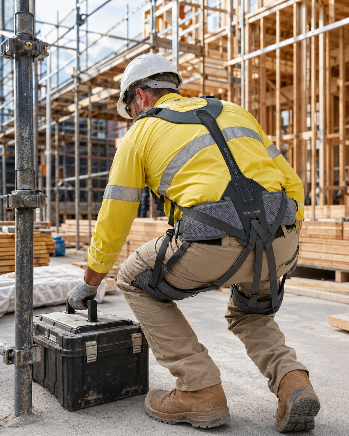 Worker wearing Exomove Lift while lifting equipment on a construction site