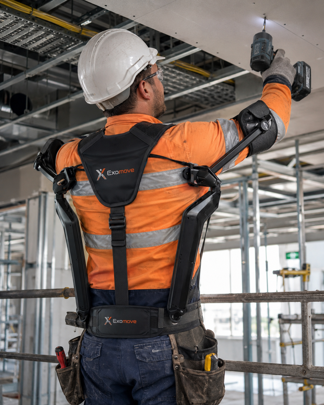 Worker wearing Exomove Reach during overhead drilling
