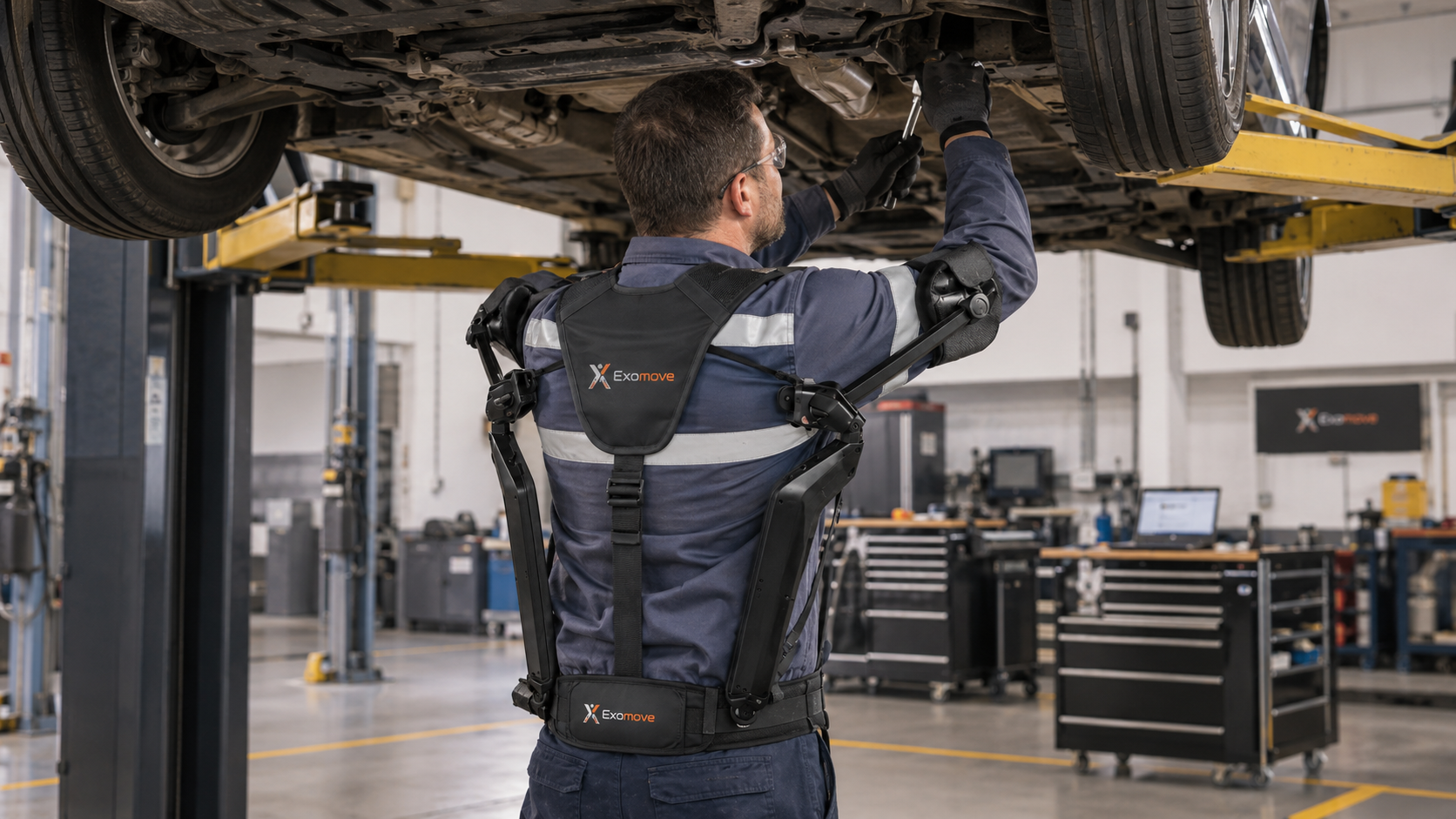 Technician wearing Exomove Reach while servicing the underside of a vehicle