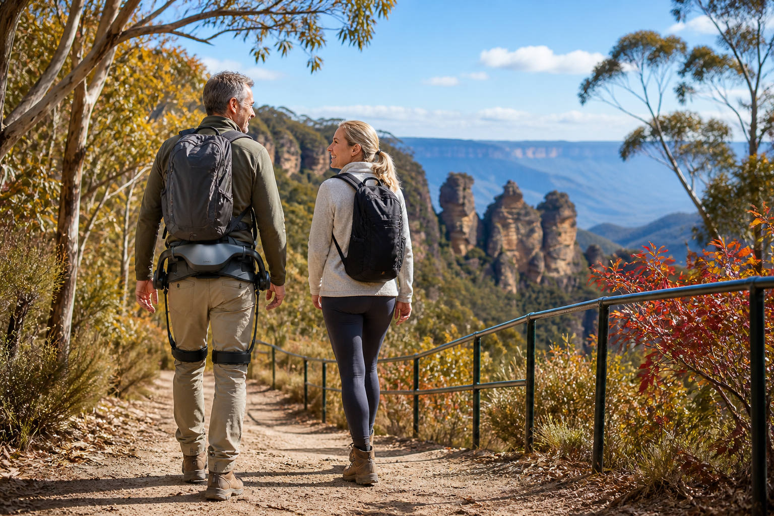 Outdoor users walking with Exomove Stride in the Blue Mountains